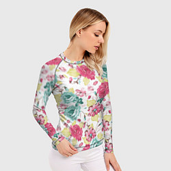 Рашгард женский Розы красные и бирюзовые, цвет: 3D-принт — фото 2