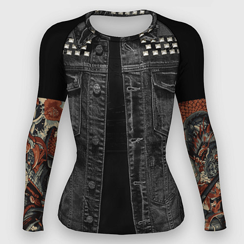 Женский рашгард Джинсовка с татуировкой дракона и самурая - имитац / 3D-принт – фото 1