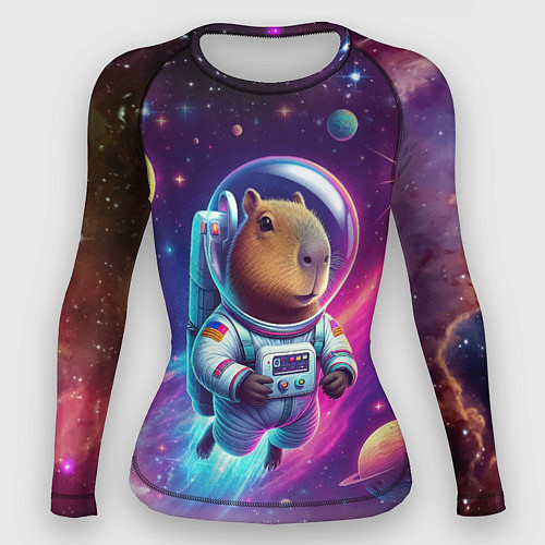 Женский рашгард Космонавт капибара в неоновом космосе / 3D-принт – фото 1