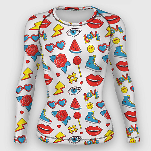 Женский рашгард Паттерн с яркими молодежными стикерами / 3D-принт – фото 1