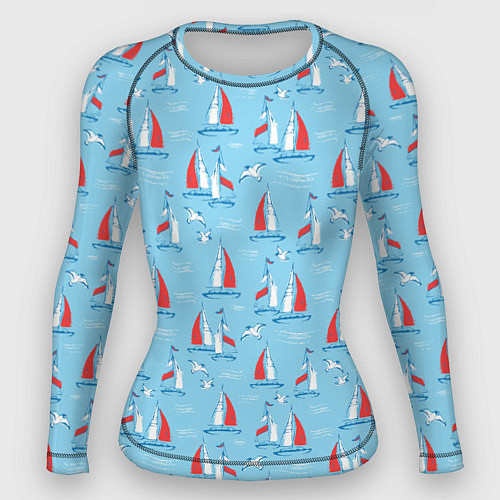 Женский рашгард Морской паттерн с парусными лодками и чайками / 3D-принт – фото 1