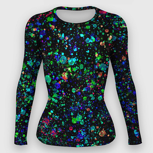 Женский рашгард Чёрный с брызгами сине-зелёными абстракция / 3D-принт – фото 1