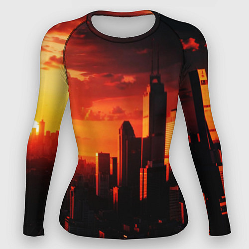 Женский рашгард Стилизованный город оранжевый закат / 3D-принт – фото 1