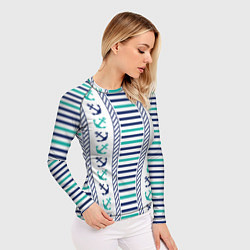 Рашгард женский Морской орнамент с якорями и полосками, цвет: 3D-принт — фото 2