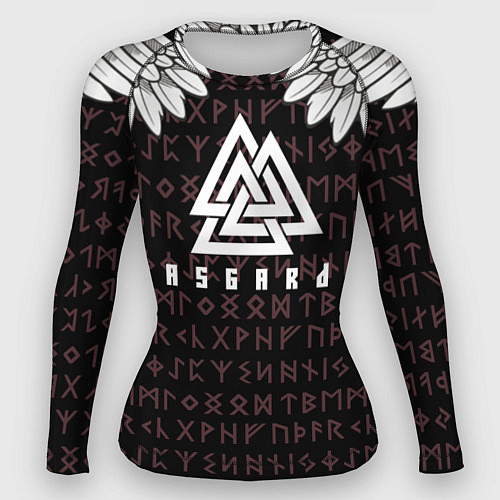 Женский рашгард Асгард на фоне рун и валькнут / 3D-принт – фото 1