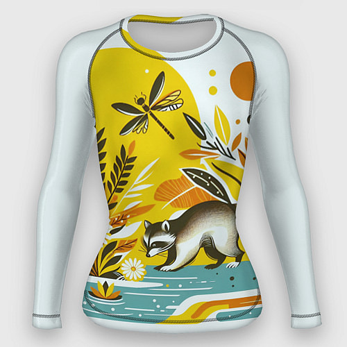 Женский рашгард Енот у реки любуется цветами / 3D-принт – фото 1