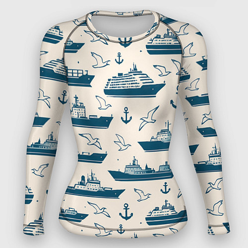 Женский рашгард Морской паттерн из чаек, якорей и кораблей / 3D-принт – фото 1