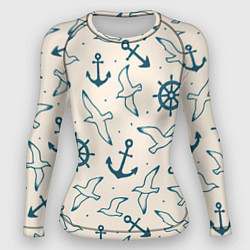 Рашгард женский Морской паттерн из штурвалов, чаек и якорей, цвет: 3D-принт