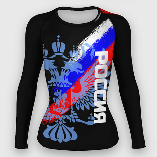 Женский рашгард Россия с флагом и гербом на чёрном фоне / 3D-принт – фото 1