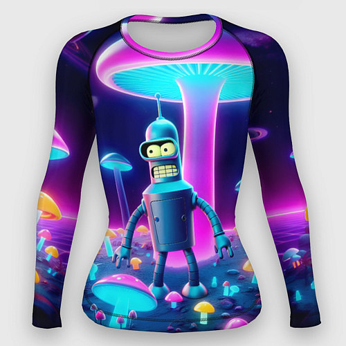 Женский рашгард Робот-сгибальщик Бендер на поляне неоновых грибов / 3D-принт – фото 1