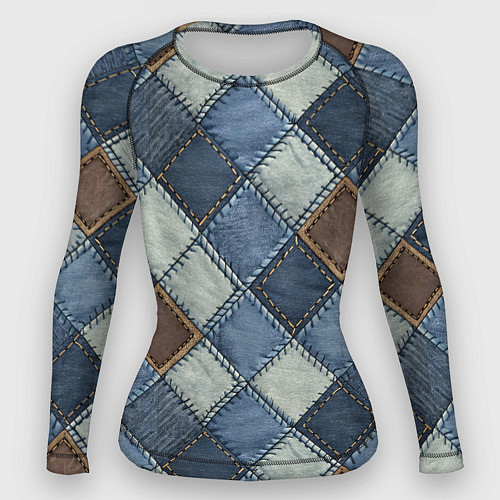 Женский рашгард Джинсовый пэчворк ромбовый узор / 3D-принт – фото 1