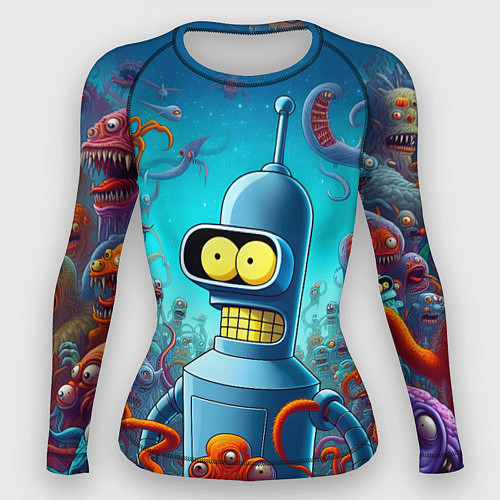 Женский рашгард Робот-сгибальщик Бендер среди монстров - нейроарт / 3D-принт – фото 1