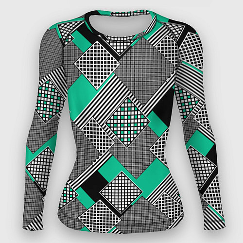 Женский рашгард Черно бирюзовая абстрактная геометрия пэчворк / 3D-принт – фото 1