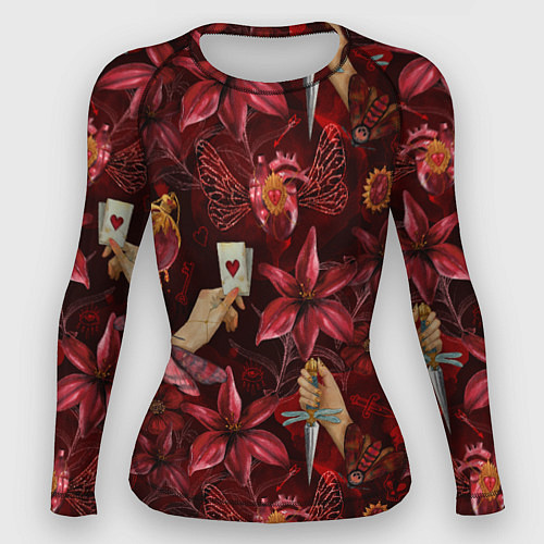 Женский рашгард Бордовая готика с сердцем, лилиями и мотыльками / 3D-принт – фото 1