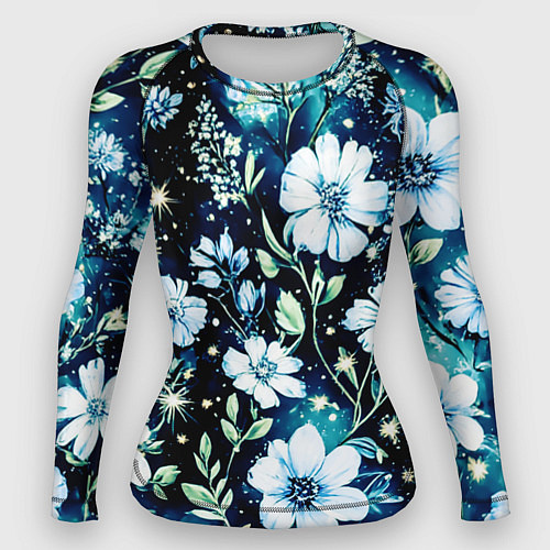Женский рашгард Стилизованные цветы сине-зелёный / 3D-принт – фото 1