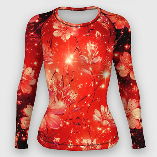 Женский рашгард Цветочный красный с искрами / 3D-принт – фото 1