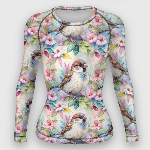 Женский рашгард Воробей в ярких цветах паттерн / 3D-принт – фото 1