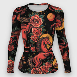 Рашгард женский Красная лошадь с розами, цвет: 3D-принт