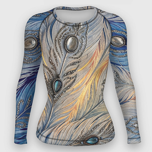 Женский рашгард Синие перья с самоцветами / 3D-принт – фото 1