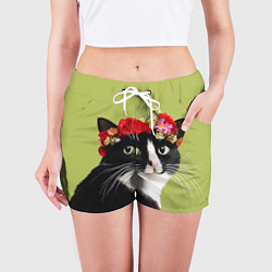 Шорты женские Кот и цветы, цвет: 3D-принт — фото 2