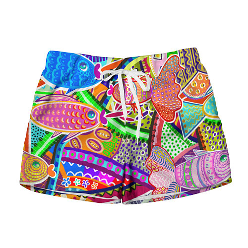 Женские шорты Разноцветные яркие рыбки на абстрактном цветном фо / 3D-принт – фото 1
