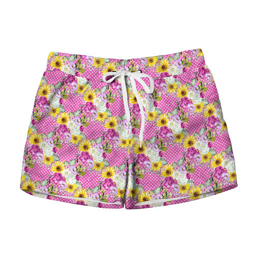 Женские шорты Полевые фиолетовые и желтые цветочки / 3D-принт – фото 1