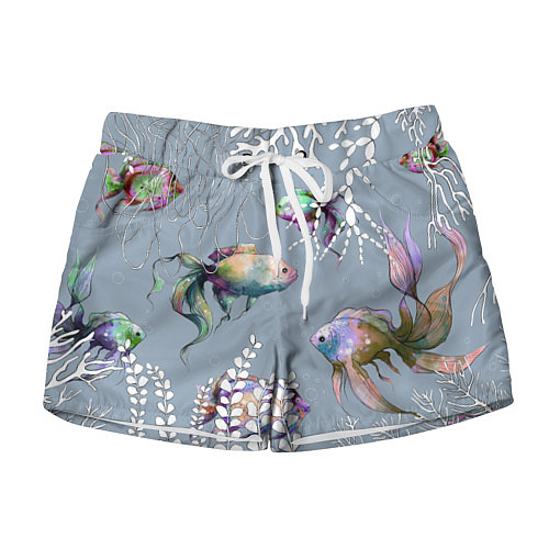 Женские шорты Разноцветные акварельные рыбки и белые водоросли / 3D-принт – фото 1