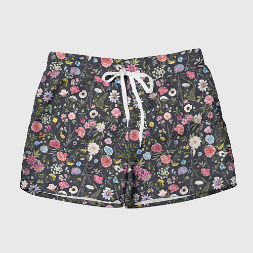 Женские шорты Разные цветы, листья, травы на темном фоне / 3D-принт – фото 1
