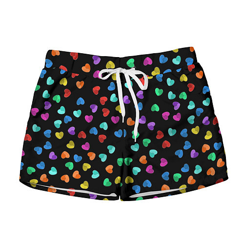 Женские шорты Сердечки разноцветные на черном / 3D-принт – фото 1