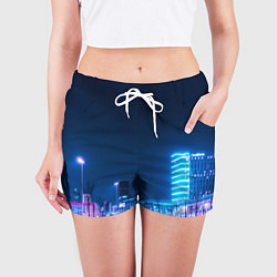 Шорты женские Неоновый ночной город - Светло-синий, цвет: 3D-принт — фото 2