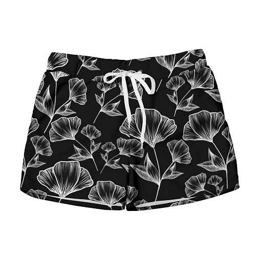 Женские шорты Графичные цветы на черном фоне / 3D-принт – фото 1