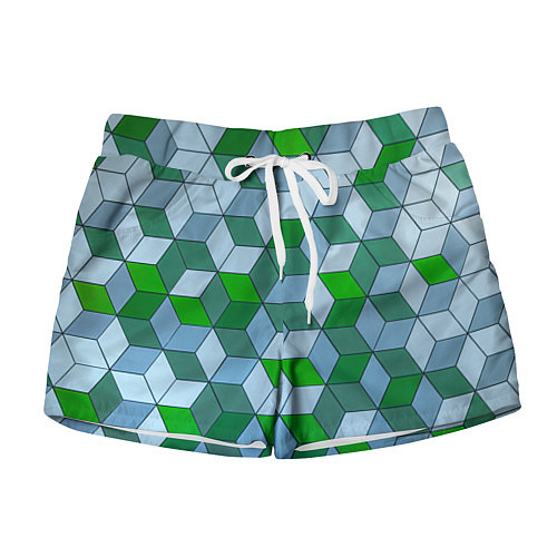 Женские шорты Зелёные и серые абстрактные кубы с оптической иллю / 3D-принт – фото 1