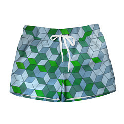 Шорты женские Зелёные и серые абстрактные кубы с оптической иллю, цвет: 3D-принт