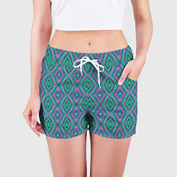 Шорты женские Зелено-фиолетовые ромбы: орнамент, цвет: 3D-принт — фото 2