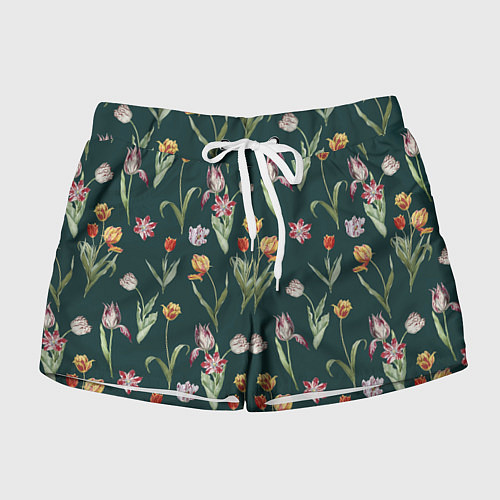Женские шорты Тюльпаны на зеленом фоне / 3D-принт – фото 1
