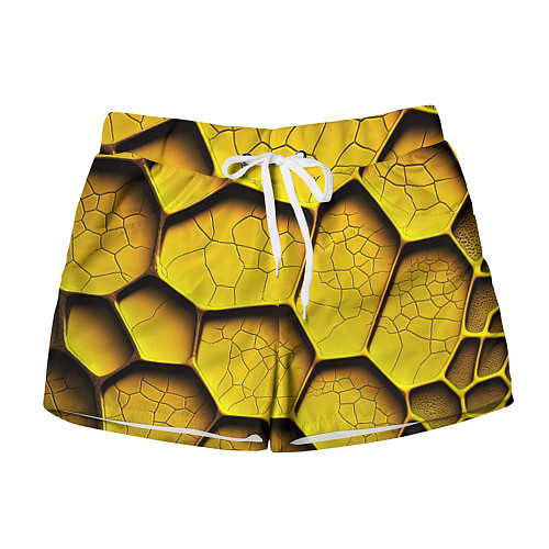 Женские шорты Желтые шестиугольники с трещинами - объемная текст / 3D-принт – фото 1