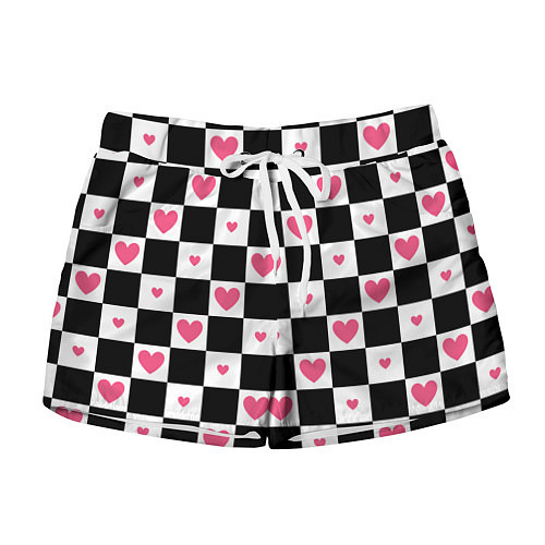 Женские шорты Розовые сердечки на фоне шахматной черно-белой дос / 3D-принт – фото 1