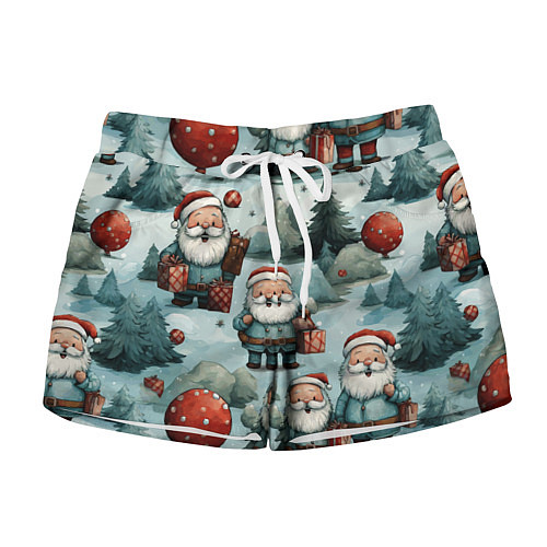 Женские шорты Рождественский узор с Санта Клаусами / 3D-принт – фото 1