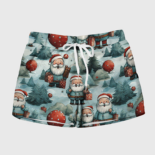 Женские шорты Рождественский узор с Санта Клаусами / 3D-принт – фото 1