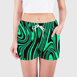 Шорты женские Абстракция изогнутые линии чёрно-зелёный, цвет: 3D-принт — фото 2