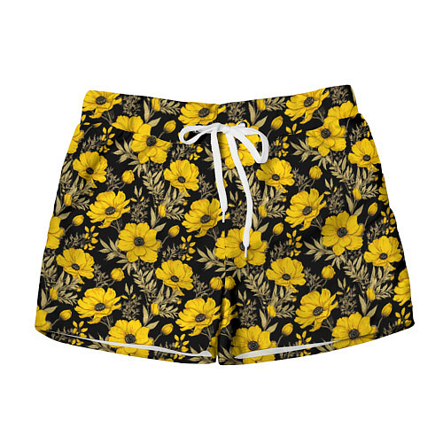 Женские шорты Желтые цветы на черном фоне паттерн / 3D-принт – фото 1
