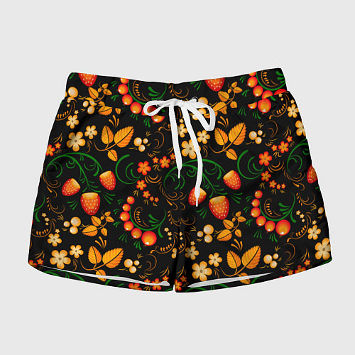 Женские шорты Хохлома - цветы и ягоды / 3D-принт – фото 1