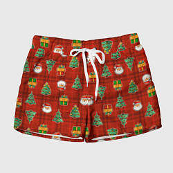 Шорты женские Елочки и Санта - паттерн красная клетка, цвет: 3D-принт