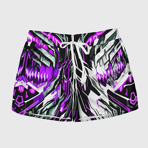Женские шорты Фиолетовая и белая абстракция на чёрном фоне / 3D-принт – фото 1