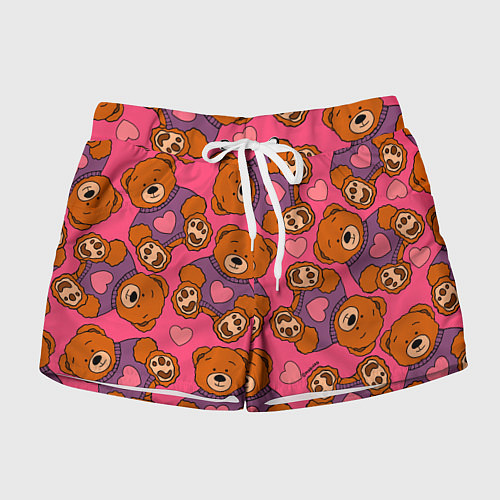 Женские шорты Мишки игрушки в розовых свитерах и сердечки / 3D-принт – фото 1