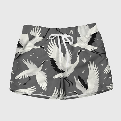 Женские шорты Стая белых журавлей в небе - японский орнамент / 3D-принт – фото 1