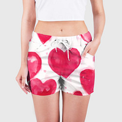 Шорты женские Акварельные красные сердечки, цвет: 3D-принт — фото 2