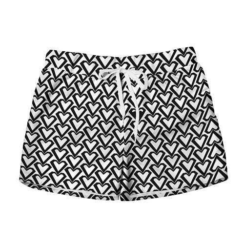 Женские шорты Чёрные сердца на белом фоне / 3D-принт – фото 1