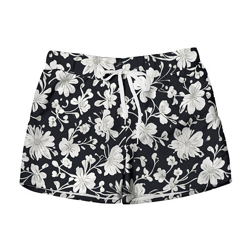 Женские шорты Патерн белых цветов на черном фоне / 3D-принт – фото 1