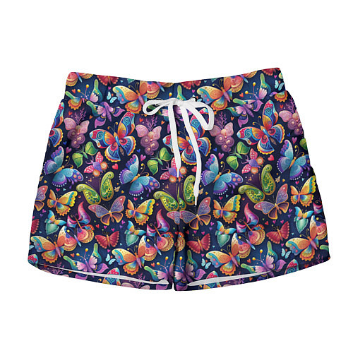 Женские шорты Бабочки в паттерне разноцветный яркий фон / 3D-принт – фото 1